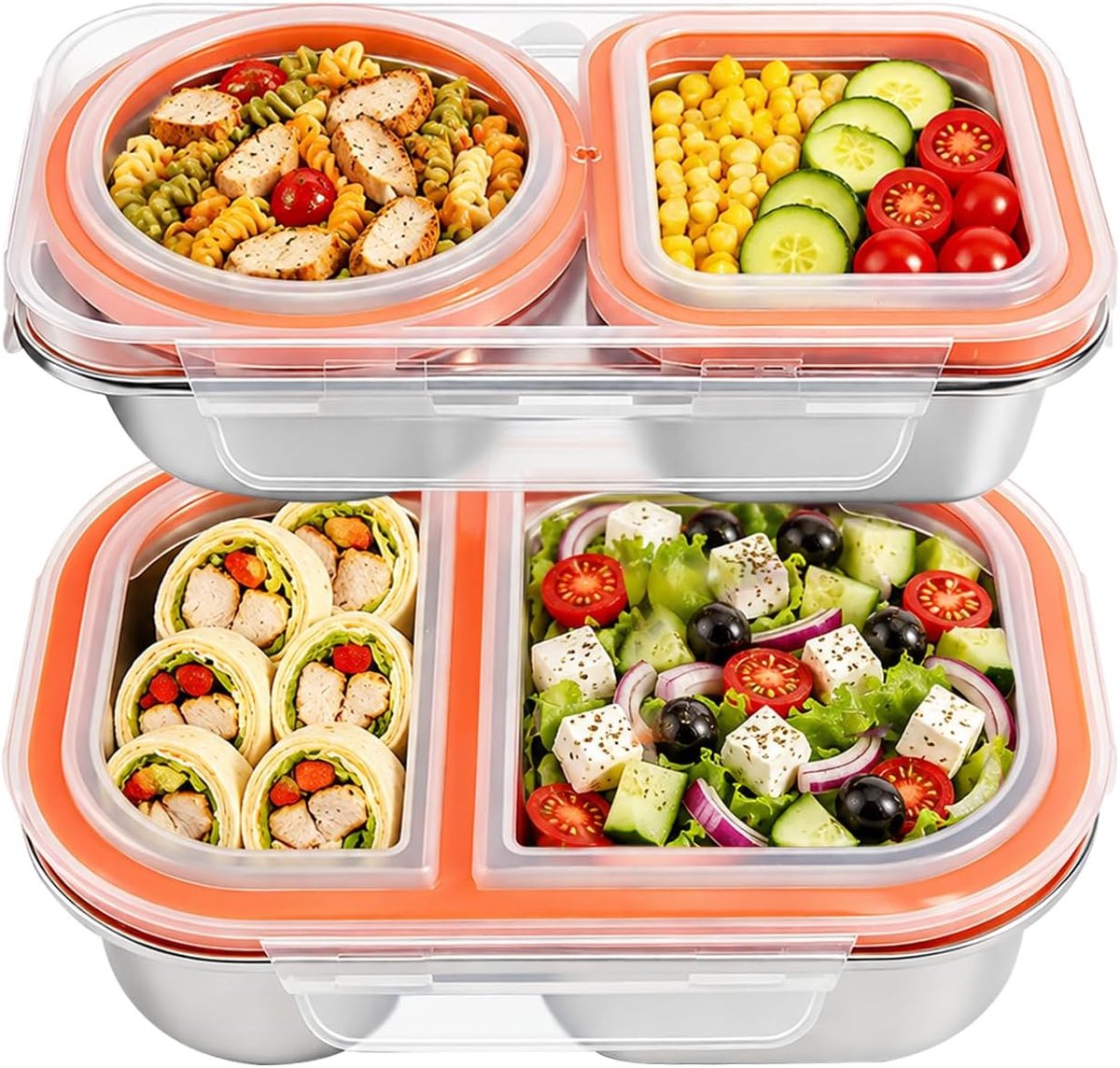 2 stuks 1200 ml lunchbox met 4 vakken, herbruikbare bento box roestvrij staal voor kinderen en volwassenen, snackbox met vakken met vakken voor school, werk en camping, bento box kinderen