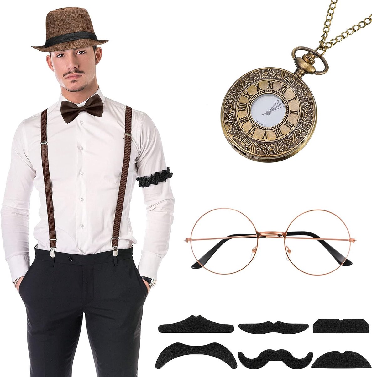 1920s Heren Kostuum Accessoires Set Brullende Retro Gangster Kostuum Hoed Vlinderdas Zakhorloge Bretel Bril Baard Armband Garters Stropdasclips (Bruin Eenvoudige Stijl)