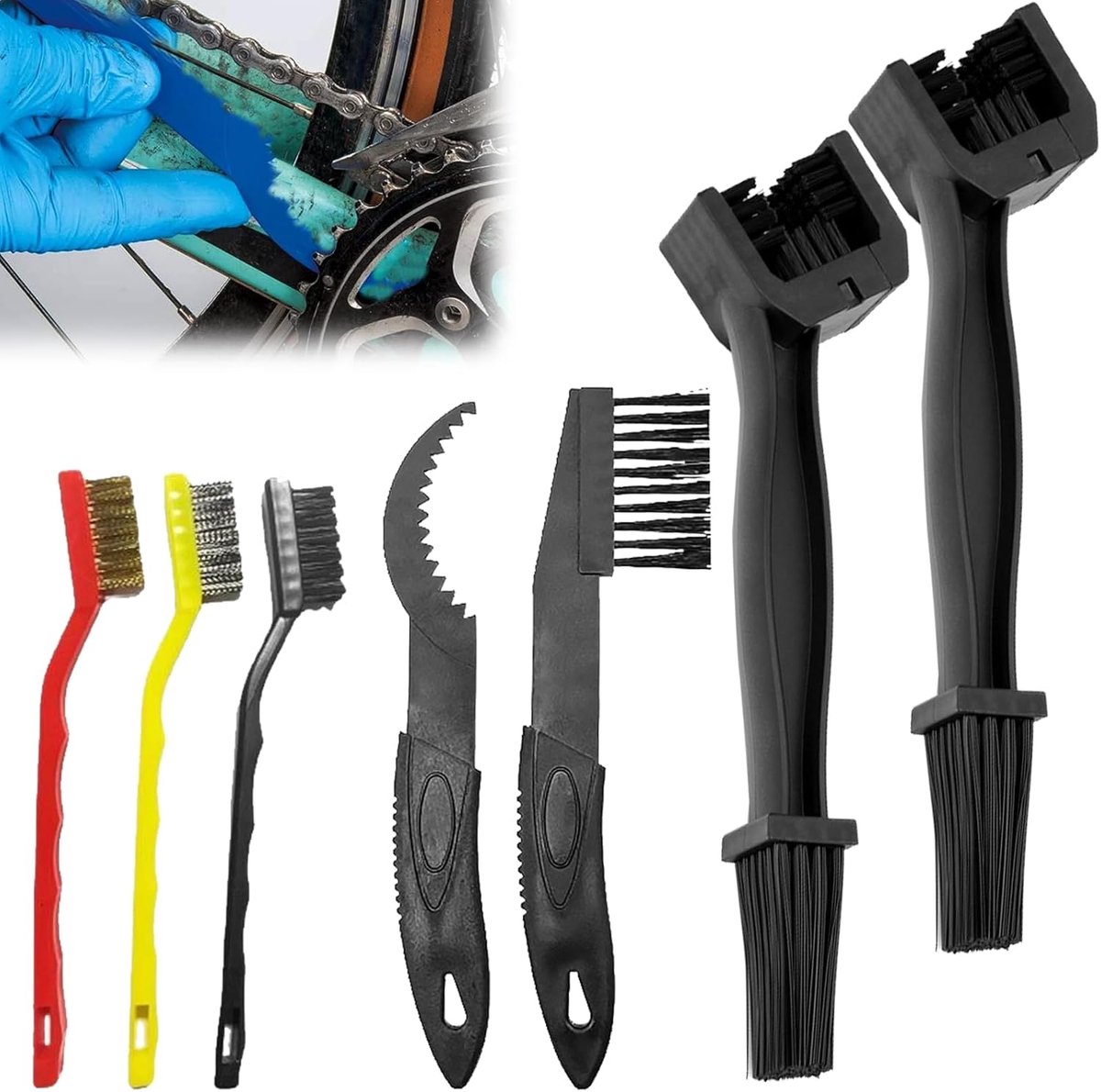 7-delige kettingborstel motorfiets set | professionele fiets kettingreiniger kit voor aandrijving & onderhoud | incl. detailborstels voor MTB, racefiets & e-bike