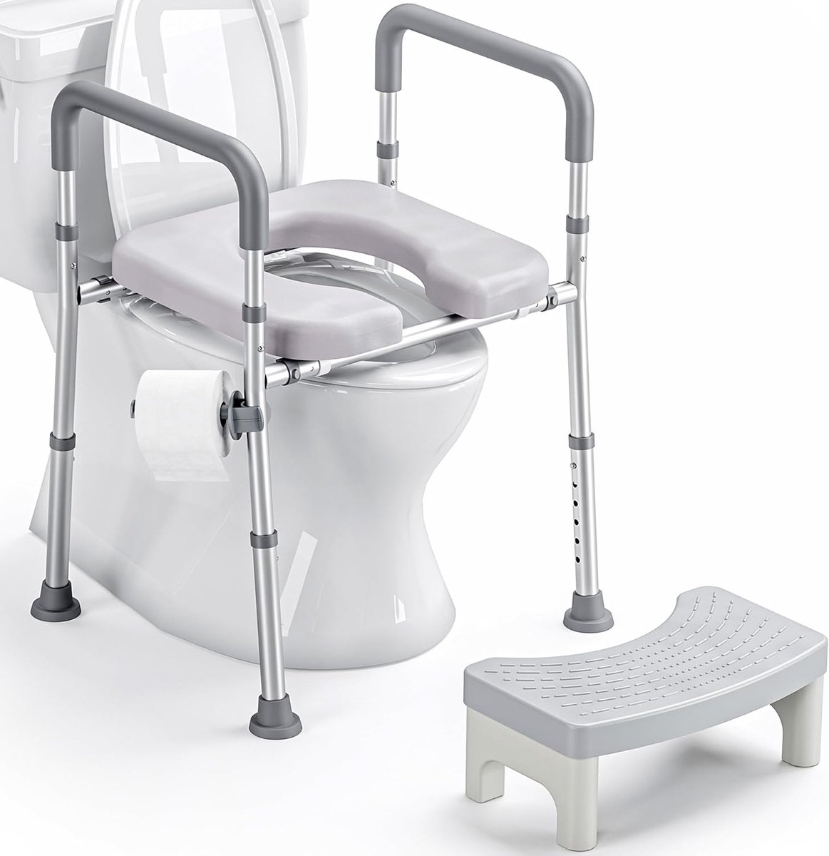Toiletzitverhoging met armleuningen en voetsteun; in hoogte en breedte verstelbaar | Zacht gevoerd, comfortabel, antislip, stabiel, geoptimaliseerd voor senioren