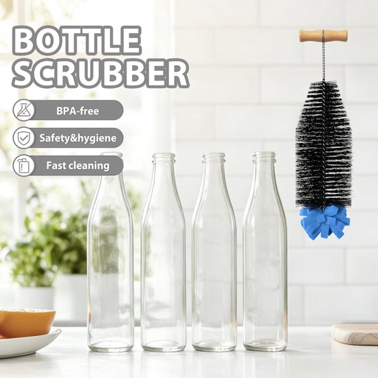 Flessenborstel van 33 cm - Flexibele borstel met Lange Steel en 90° Gebogen Houten Handvat, Reinigt Flessen met een Smalle Hals, Ideaal voor Glazen Sodastream-Flessen en Plastic Flessen — afbeelding 5