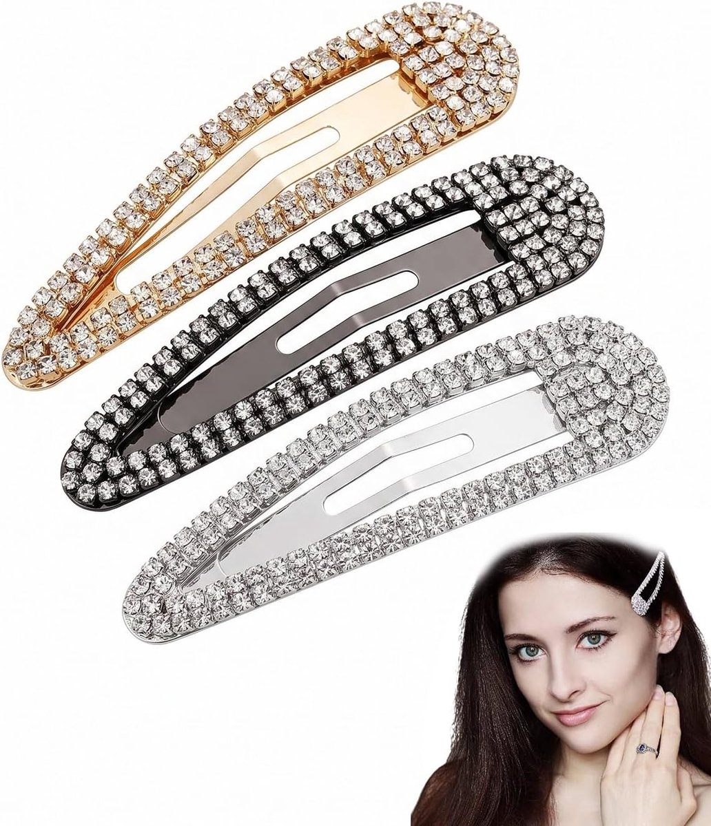 Haarspelden met strass, Franse eendensnavel, zilverkleurig, glinsterend, voor dames, meisjes, bruiloft, 3 stuks