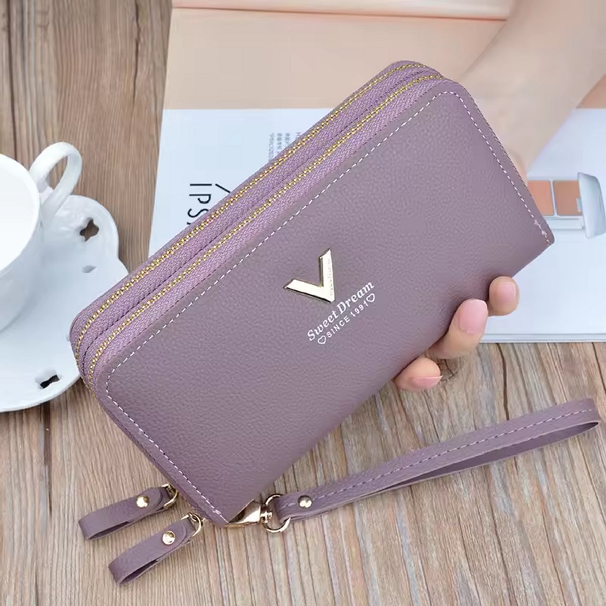 KZQ Dames Portemonnee - Dubbele Ritssluiting - Grote Capaciteit - Met Meerdere Kaartvakken - Geschikt Als Clutch En Telefoonhouder - Paars