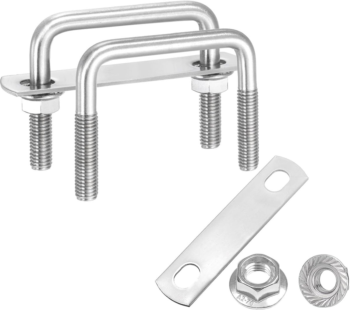 Set van 2 M8, 2 inch binnenbreedte, vierkante U-bouten, 5 inch lengte, 304 roestvrij staal, U-bouten met flens zeskantmoer, frameplaten voor aanhangers en auto's (50 mm B x 50 mm L)