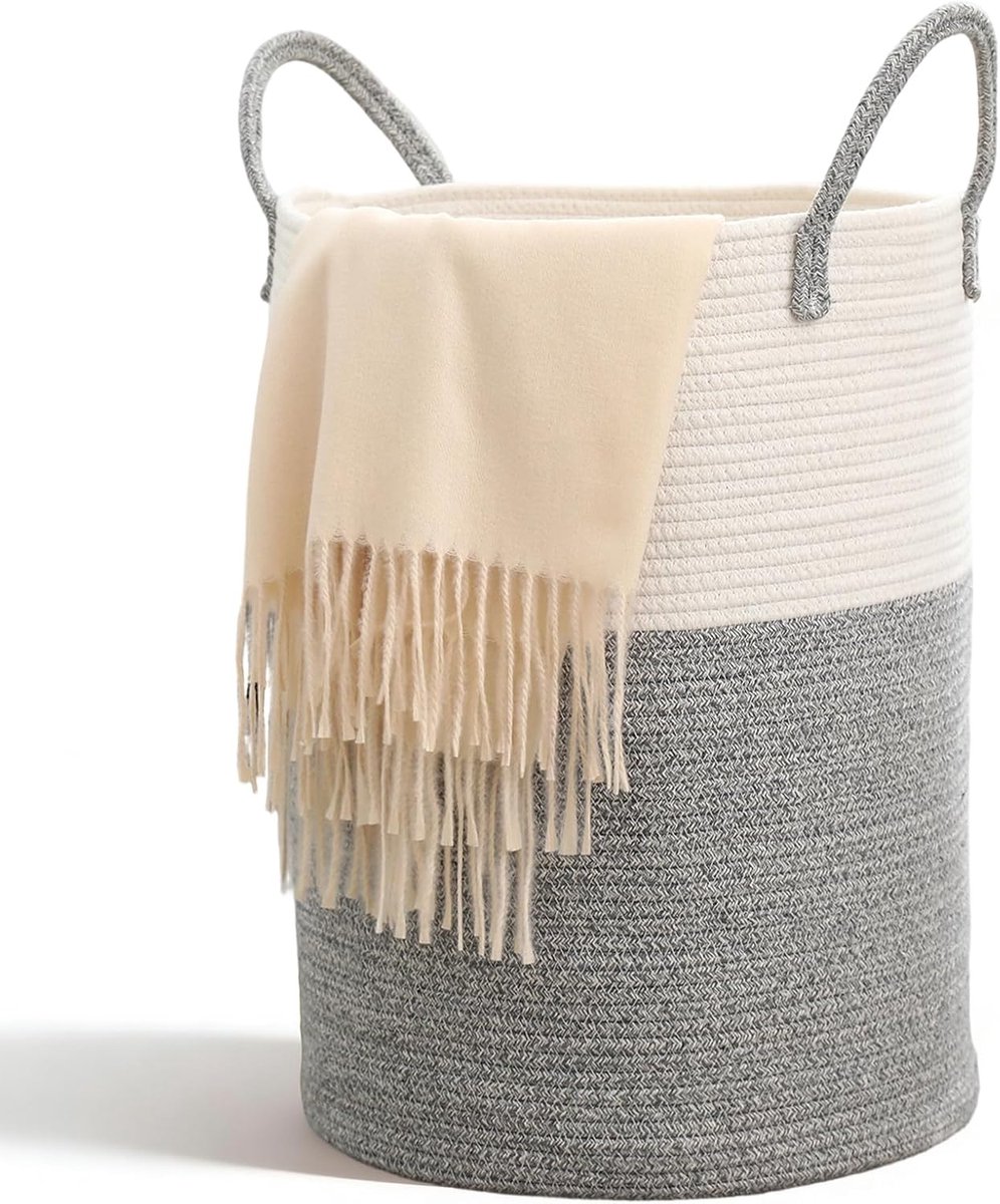 Wasmand met handvat, opbergmand, gevlochten mand, 38 x 50 cm groot, ronde wasverzamelaar met katoenen handvat, voor dekens en speelgoed voor woonkamer of wasruimte (wit-grijs-bruin)