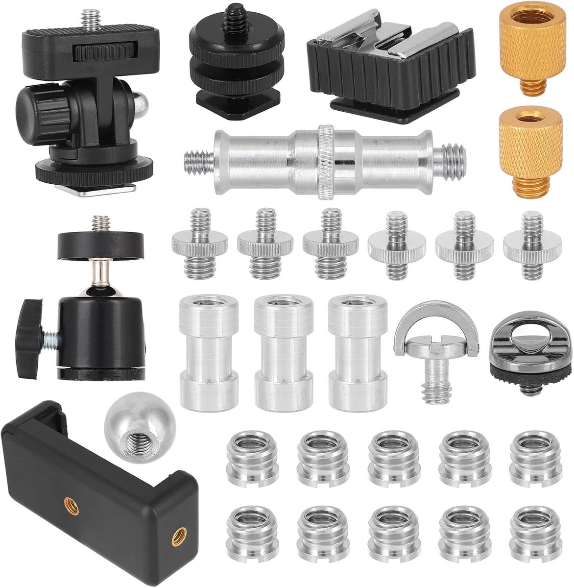 30 Delige Set Camerastatiefbevestigingen, Adapterschroevenset voor Camerastatief Inclusief Adapters met Schroefdraad van 1/4 Naar 3/8 Inch en een Draaibare Balhoofd van 1/4 Inch voor Monopods, enz