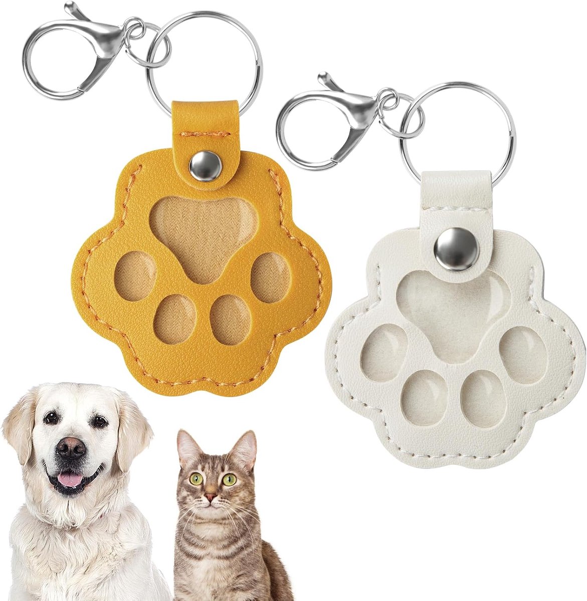 2 stuks dierenharen herinnering sleutelhanger voor hond en kat, aandenken aan overleden hond kat pootvormige hanger, cadeau voor hondenbezitters en kattenliefhebbers (geel + wit)