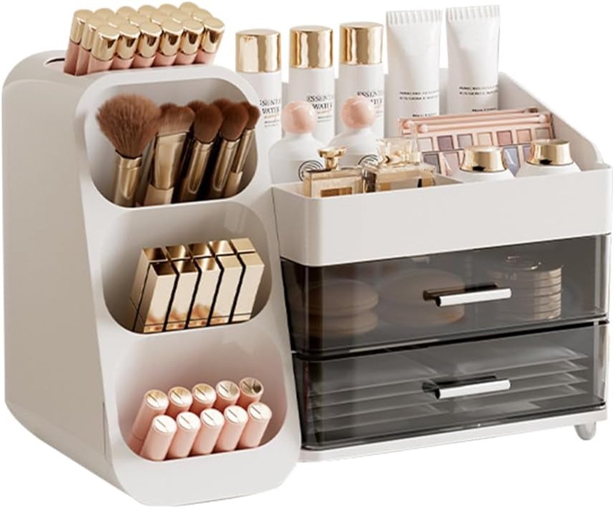 Make-uporganizer met laden, organizer voor aanrecht met grote capaciteit voor ijdelheid, badkamer en slaapkamer, bureau cosmetica-organizer voor borstels, parfums, lippenstift (wit)