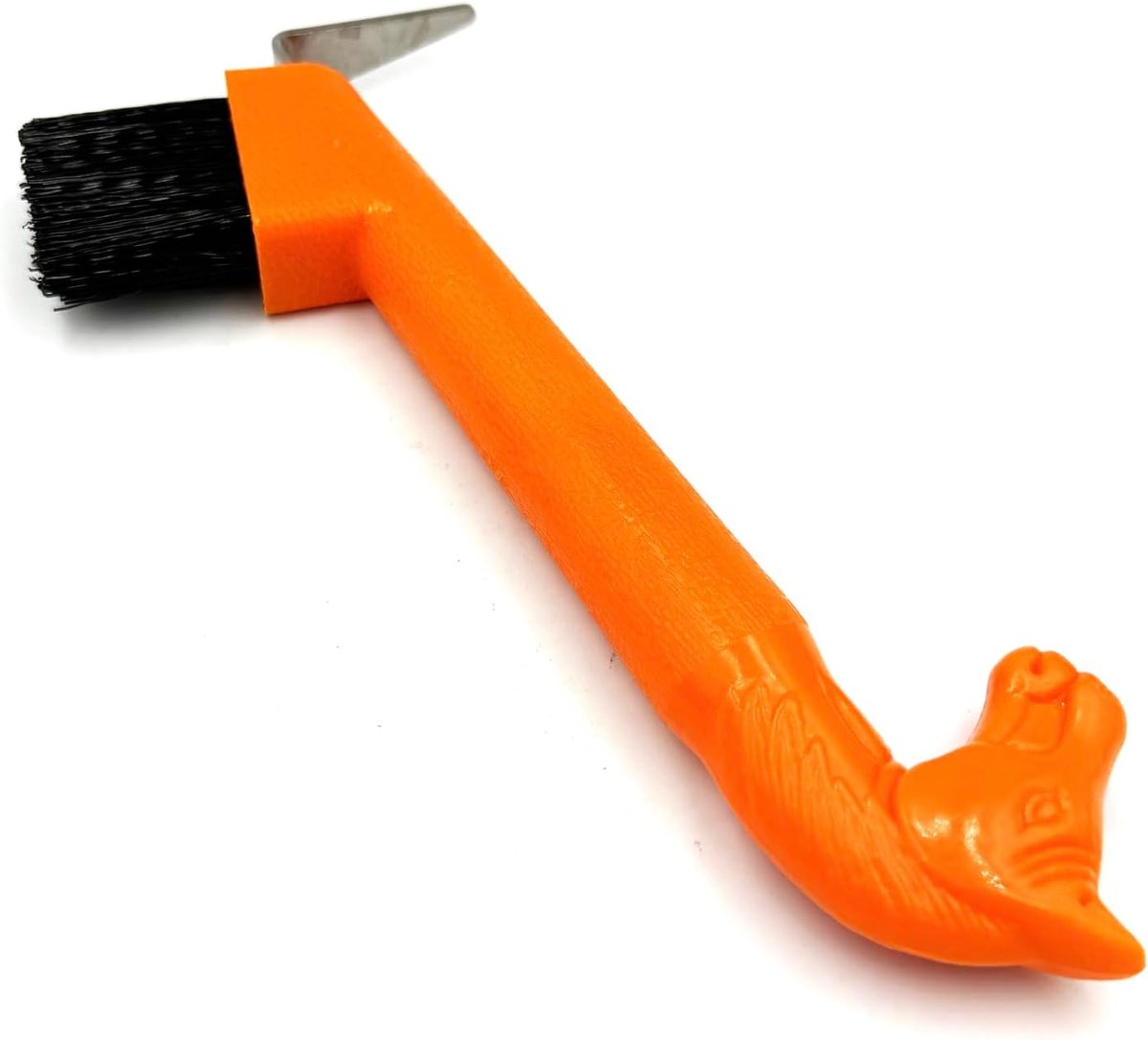 Hoefkrabber met handvat in paardenhoofd vorm van kunststof professionele hoefreiniger met stabiele metalen punt en geïntegreerde borstel voor de dagelijkse hoefverzorging (oranje)