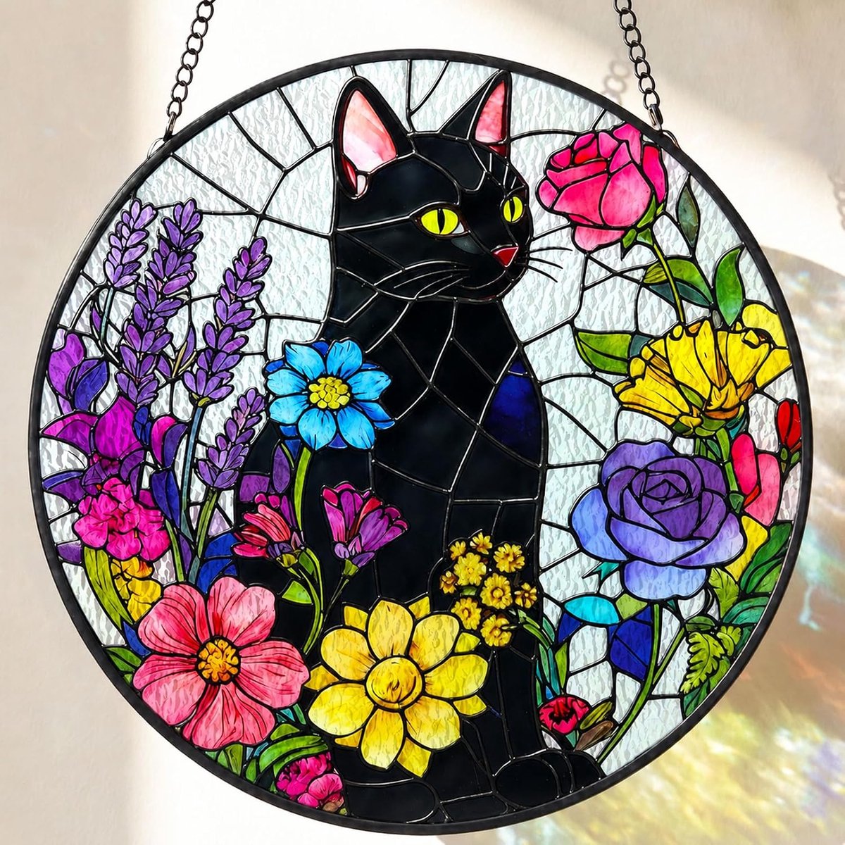 Zonnevanger, zwarte kat, raamdecoratie, hangende boeken met ketting en haken, voor woonkamer, tuin, terras, slaapkamer, zonnevanger voor kerstfeest, 20 x 20 cm