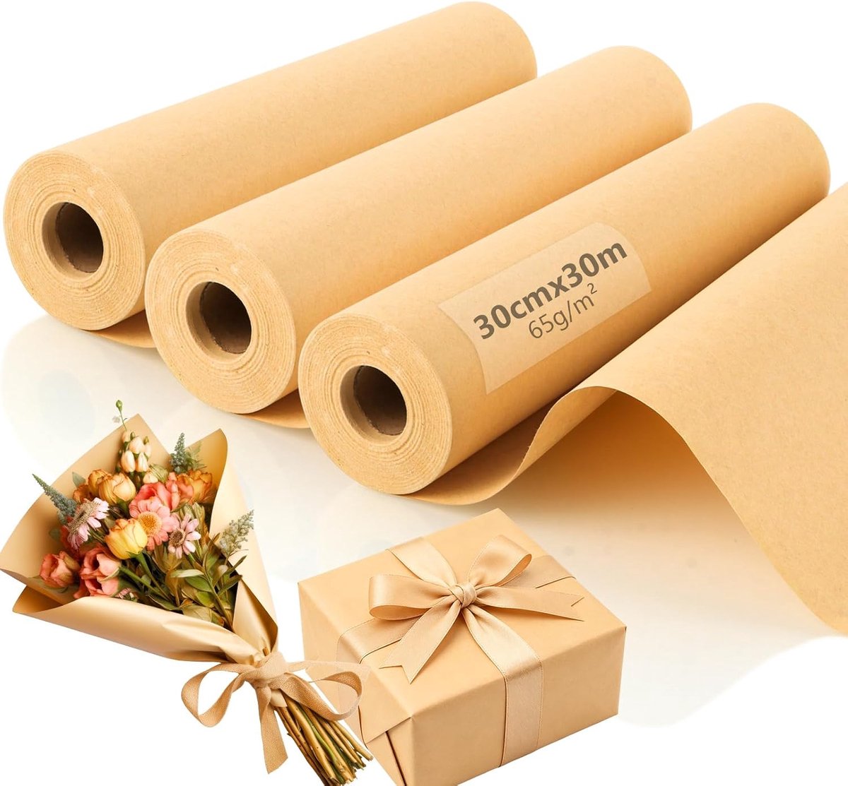 Set van 3 rollen kraftpapier, 30 cm x 30 m, bruin, inpakpapier, rol 65 g/m², natuurlijk papierrol, ideaal voor kunsthandwerk, geschenkverpakking verpakking