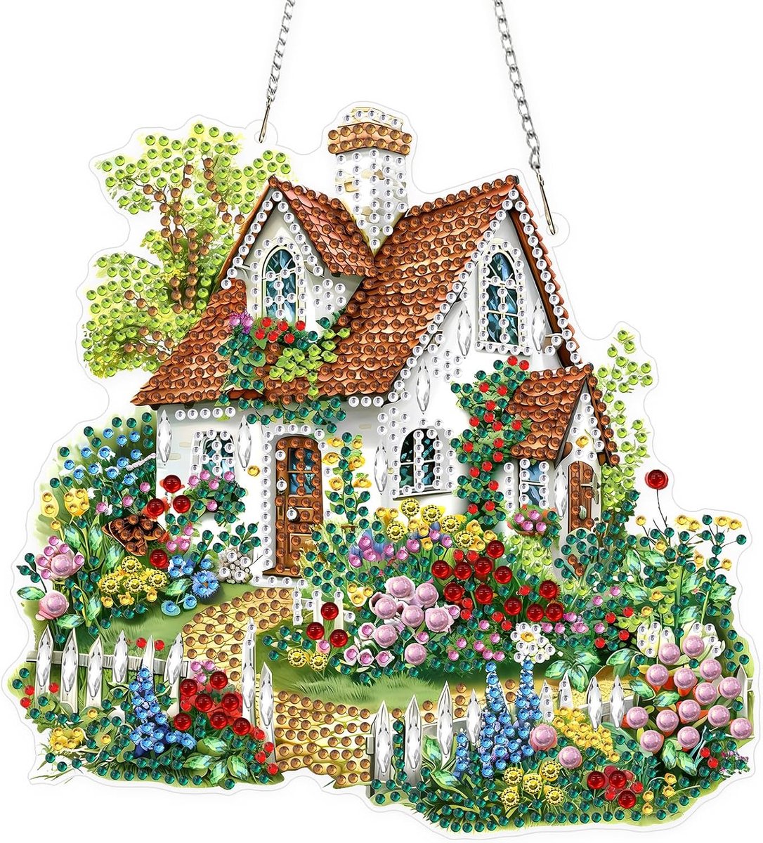 Diamond Art Kit voor Erwachsene, Cottage Garden DIY Opknoping Diamant Schilderij Kristal, Acryl Gem Art Board, Diamantmalerei Anhänger, Opknoping Ornamenten Kit voor Home Decor