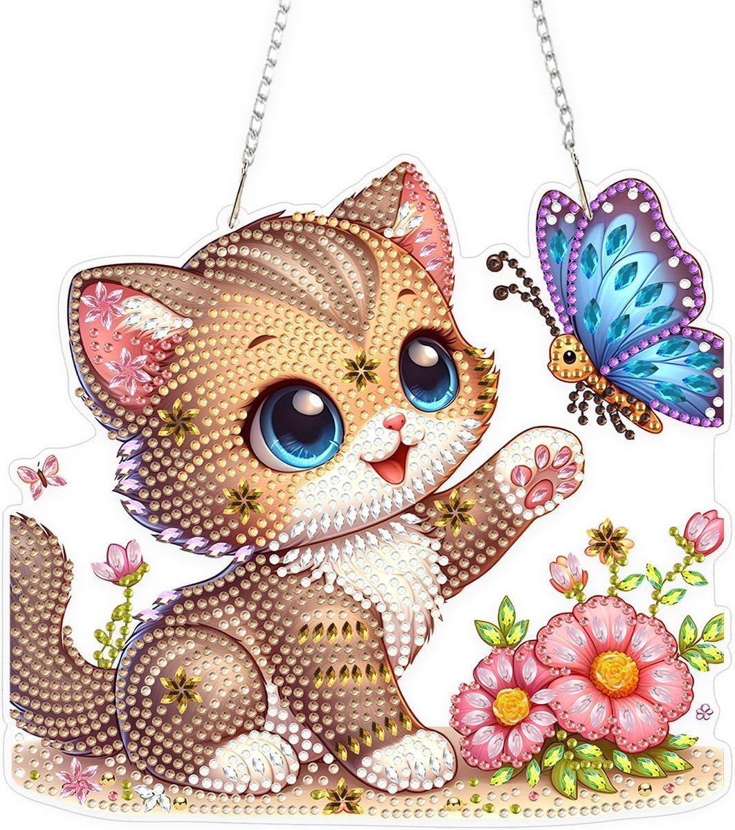 Diamantschilderij, hangende hanger-kits, vlinder kat schattige diamant schilderij kristallen ornamenten voor volwassenen, doe-het-zelf acryl edelsteen art board, Diamantmalerei Anhänger voor