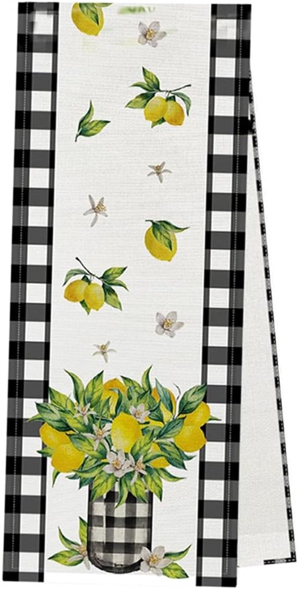 Linnen tafelloper 33x183cm met bloemen- en citroenpatroon in blauw, oranje en geel. Geschikt voor keuken, eetkamer, feestjes en bruiloften.