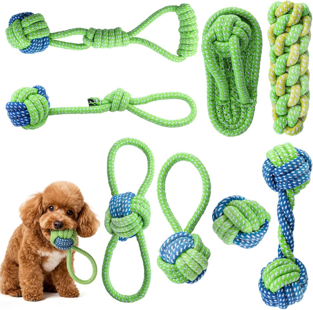 8 stuks hondenspeelgoedset, robuust duurzaam katoenen touw, hondenspeelgoed, interactief trekspeelgoed voor puppy's en kleine, middelgrote en grote honden