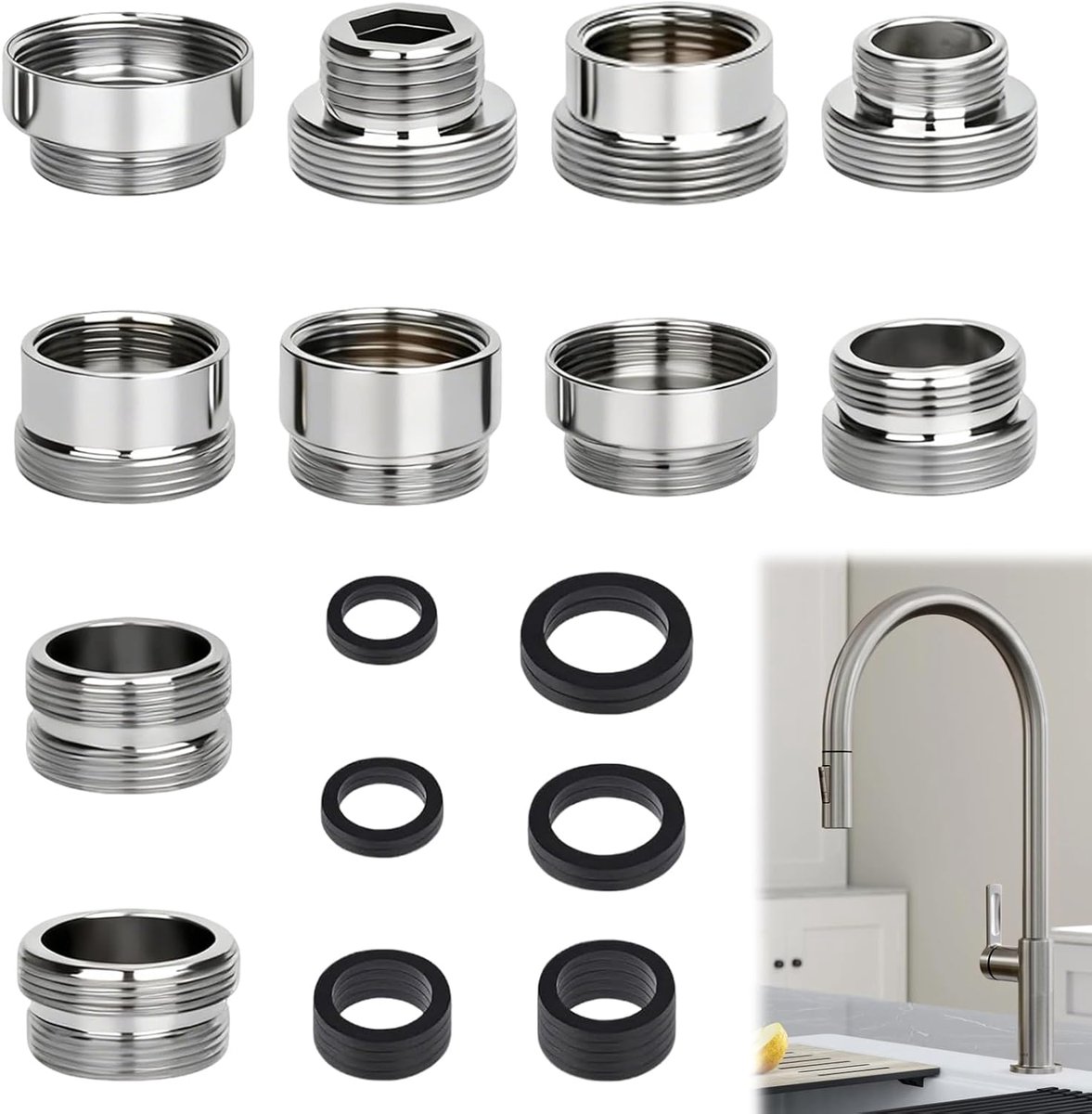 10 stuks kraanadapter met afdichtingen, universele adapter kraan met schroefdraad, buitendraad, dubbele nippel voor tuinslang, spoelbak, wastafelkraan, keukenbeluchter