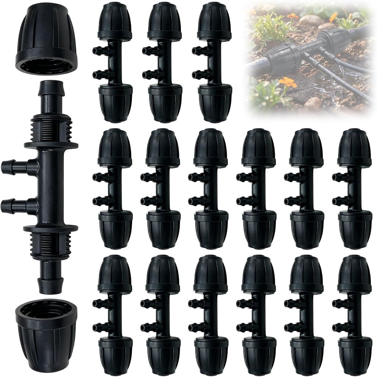 T-stuk en Y-stuk, slangverbindingsstuk 1/2 inch, compatibel met Gardena Micro Drip-installatie, 4-weg reduceerconnector met weerhaak voor tuin- irrigatiesysteem en 13 mm slangen