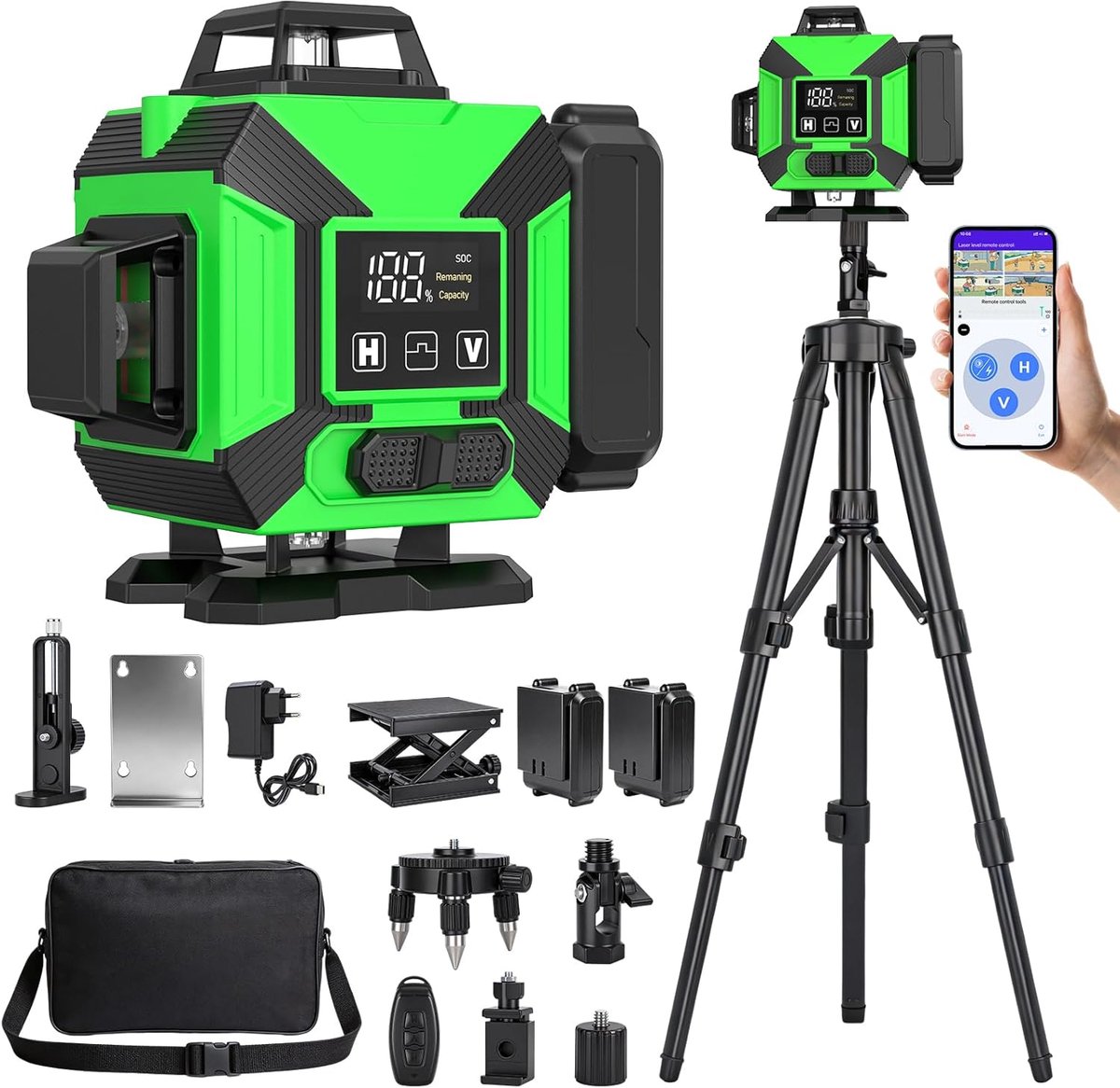 laserwaterpas met statief, 4 x 360° kruislasers, groene laser met instelbare helderheid, waterpas met 2 x 3600 mAh-batterijen voor binnengebruik en doe-het-zelfprojecten