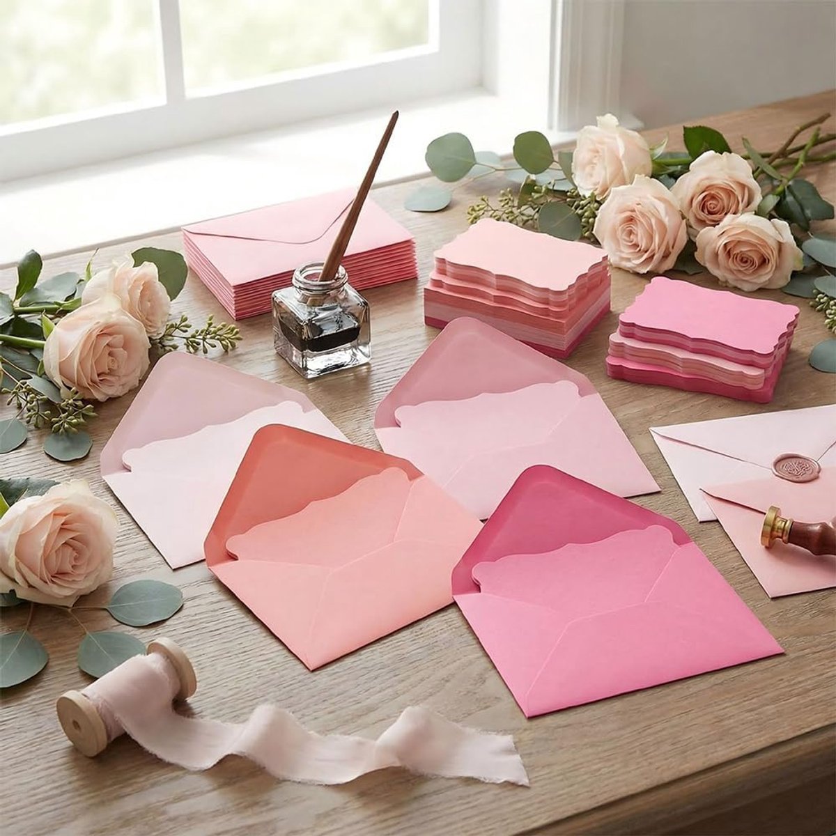 50 enveloppen 7 x 10 cm + 50 wenskaartenset, 5 pastelroze tinten, hoogwaardig papier, ideale grootte voor bedankkaarten, uitnodigingen, complete enveloppenset