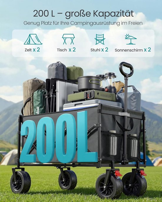 SONGMICS GFW201G101 Kleine opvouwbare tuintrolley, compact met handvat, 4 versterkte wielen, 2 universele wielen, maximaal draagvermogen 180 kg, buiten, tuin, 200 liter, duifgrijs — afbeelding 4