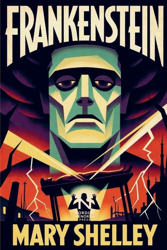 Boekomslag van Frankenstein van Mary Shelley, met een geometrisch portret van het monster op een donkere achtergrond met bliksem.