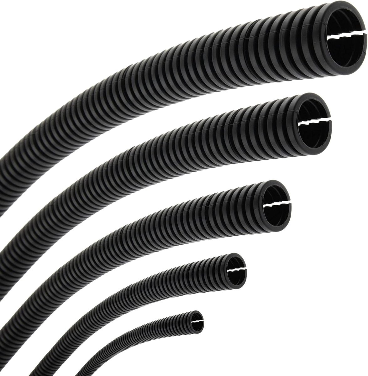 Flexibele gegolfde buis, binnendiameter 4,5 mm, 20 meter, sleuf, open, marterbescherming, lege buis, kabelbescherming, kabelmantel, zwart, Ø 4,5 mm binnen