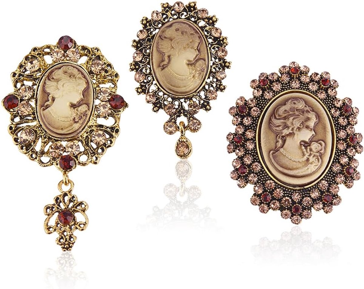 Broches, victoriaans, vintage, goudkleurig, antiek, koningin, cameo, frame van legering en strass, voor kraagspelden, sjaal, trui, jurk, accessoires