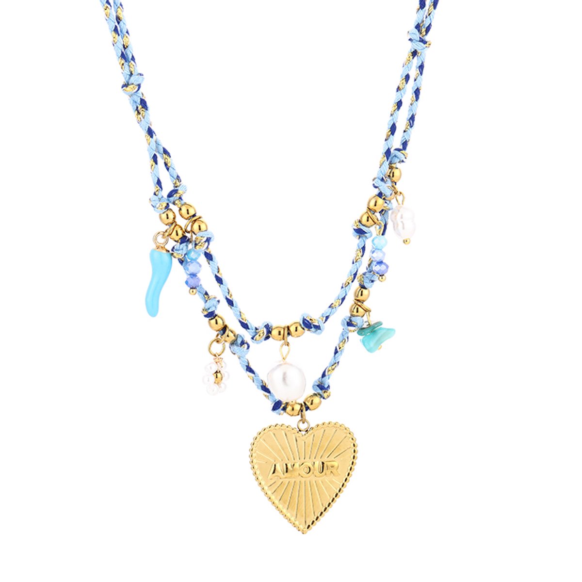 Dubbele Gevlochten Cordonketting met Hart- en Strandbedels – Bedelketting strand - beach – RVS - Blauw