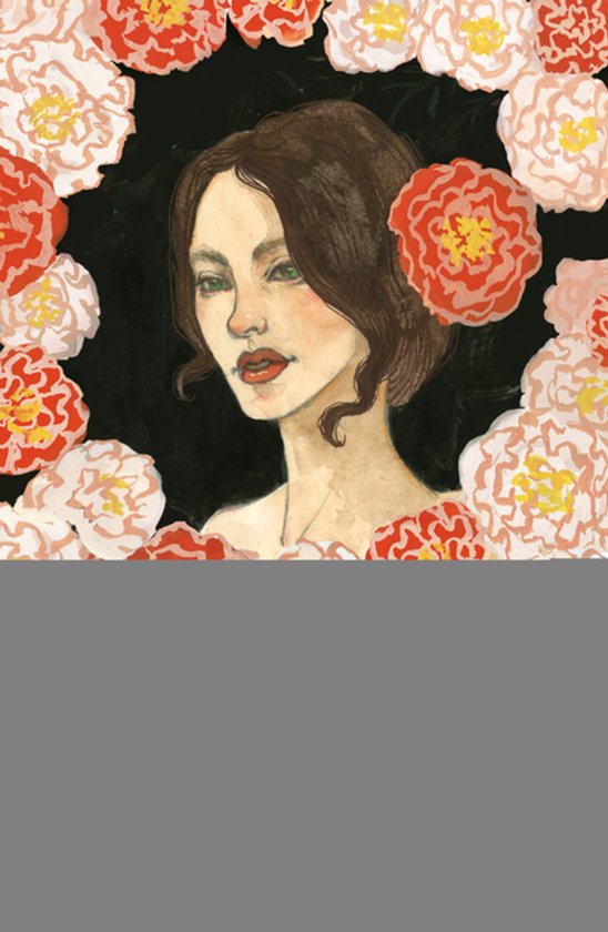 Une aquarelle d'une femme aux cheveux bruns, entourée de fleurs rouges, blanches et jaunes.