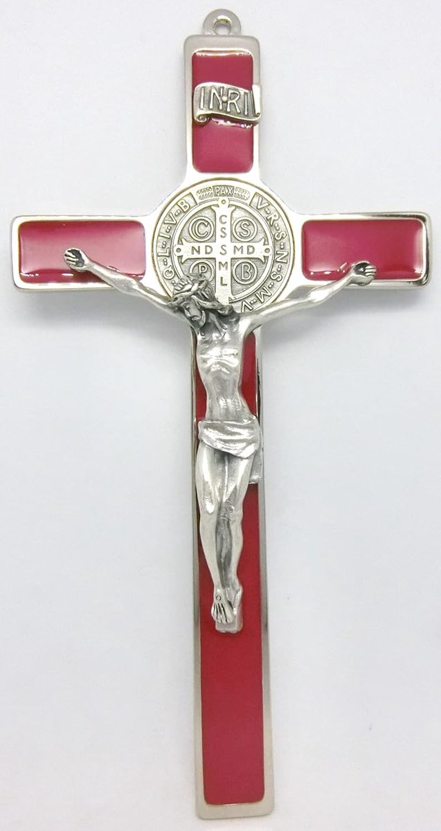 10.004.11 kruis van de heilige benedicten, eco-eco, zilverkleurig, handbeschilderd, rood