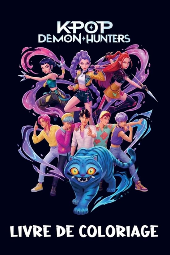 Livre de coloriage K-Pop Demon Hunters avec sept personnages et un tigre bleu.