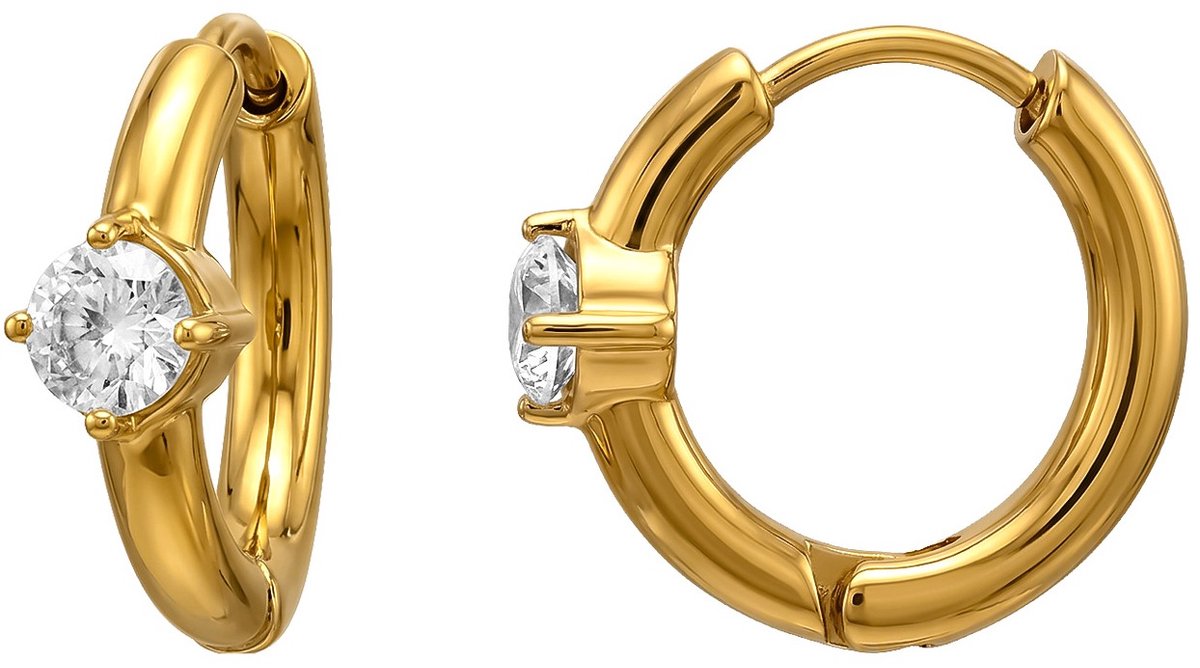 Joy Ibiza - oorbellen - oorringen met ronde zirkonia - 16 mm met klap scharnier sluiting - chirurgisch staal - ear party boho - bohemian style - ip/pvd goldplated t10