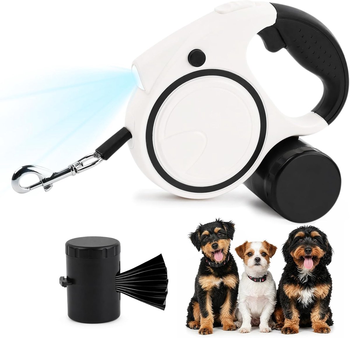 KZQ Intrekbare hondenriem 5 meter met ledlicht en poepzakdispenser, eenhandige rem en draaibare haak, geschikt voor honden tot 25 kg, stevig en knoopvrij ontwerp voor dagelijks gebruik