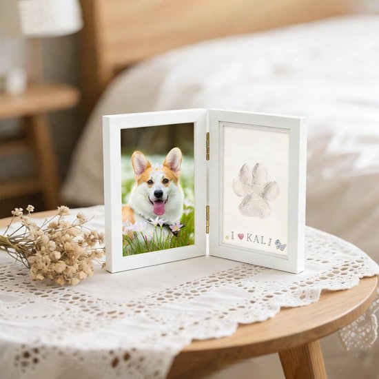 Huisdier Poetafdruk Fotokader - Dubbel Vouwbaar Lijst - 23×15cm - voor Hond & Kat, Inclusief Klei voor Pootafdruk, Herdenkingscadeau voor Huisdieren - wit — afbeelding 3