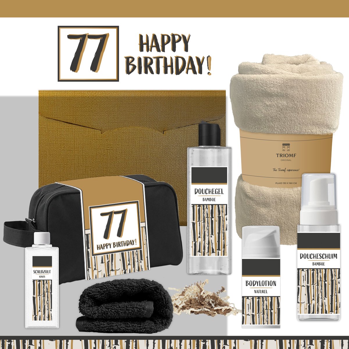 Geschenkset “77 Happy Birthday!” - 7 producten - 1390 gram | Giftset voor hem Vader Zevenenzeventig jaar Cadeau Luxe Wellness Pakket Man Speciaal Cadeaupakket Doos Handdoeken Fleecedeken Geschenk Cadeaudoos Verjaardag Vriend Gift Douche Beige Goud
