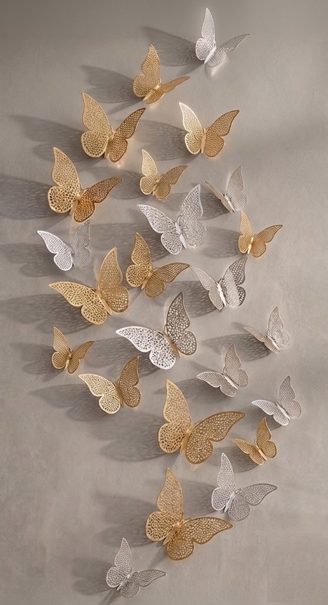 3D Vlinder Muurstickers - 48 Stuks (4 x 12) - Gouden & Zilveren Vlinders - Muurdecoratie - Verschillende Afmetingen