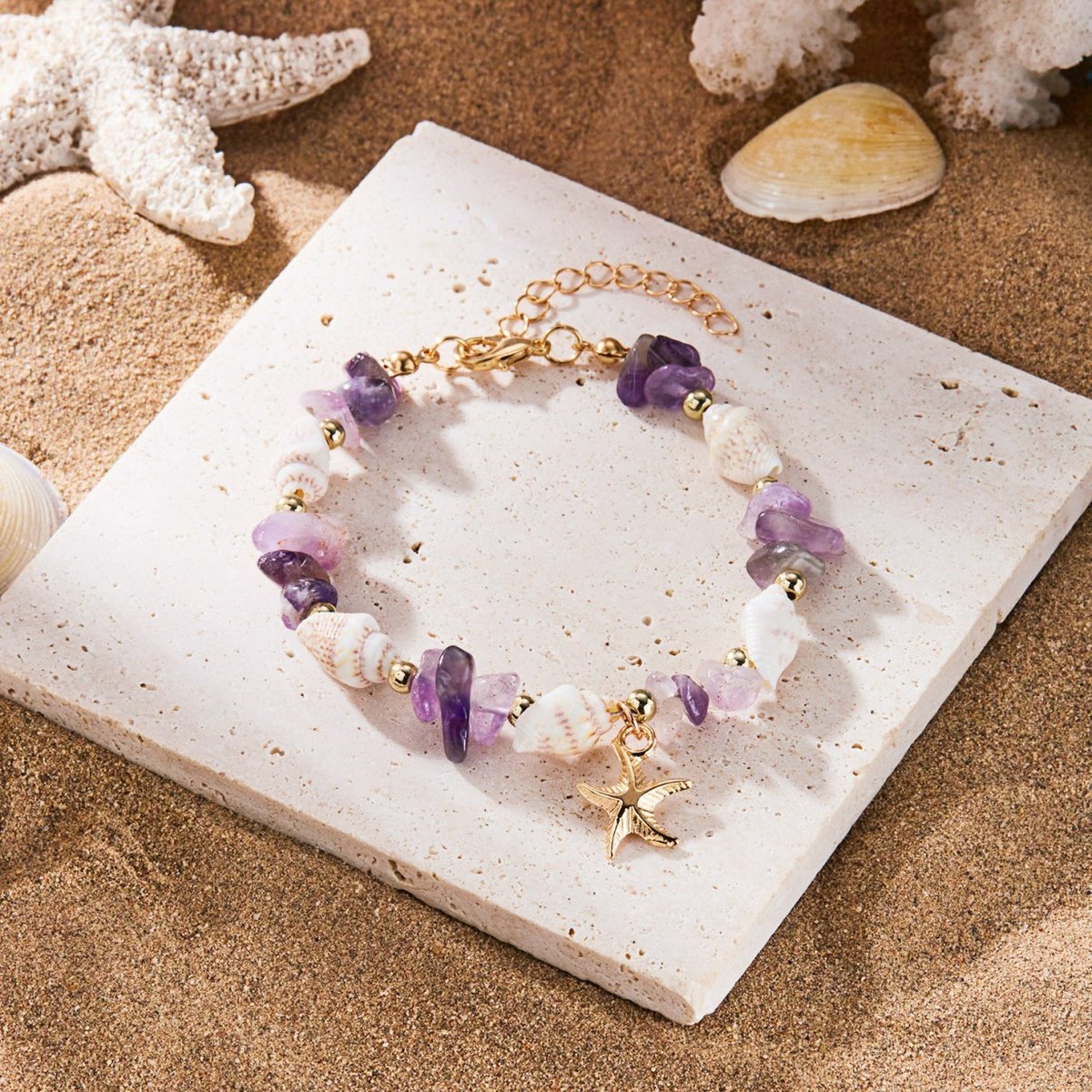 Damesarmband – 18+5 cm– Ketting met zeester en schelp (imitatie) – Armband van trommelsteentjes in strandstijl – Kralenketting met oceaanthema – Kralensieraden voor dames – Kralenketting voor feestjes met strandvibe – Geschikt voor dagelijks gebruik