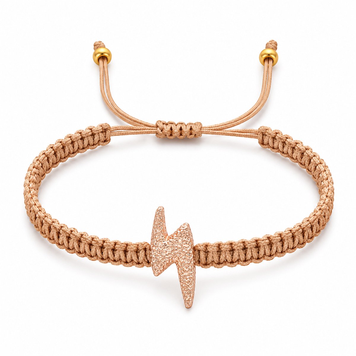 Marama Spark Armband Rosè Goud – Verstelbare Macramé Damesarmband met Bliksem Bedel – Boho – Goudkleurig