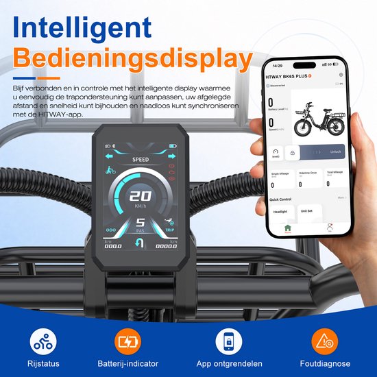 Hitway Elektrische Fiets BK6S Plus R - 20*4.0 Inch Fat Tire City Commuter EBike met Afneembare 48V 27 Ah BMS Lithium Batterij - Mountain E-Bike met 250W Motor - 7 Versnellingen - Maximale Actieradius tot 140-160 KM - Compatibel met APP en NFC van Hitway — afbeelding 2
