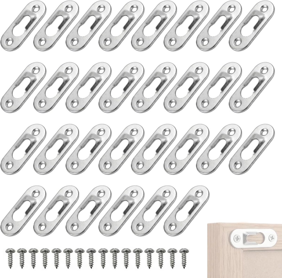 30 stuks, onzichtbare bevestiging, rek, bevestiging voor hangmeubels, 42 mm x 15 mm, metalen slotgathangers met 60 schroeven, voor het ophangen van binnenmuur, kast, spiegels en