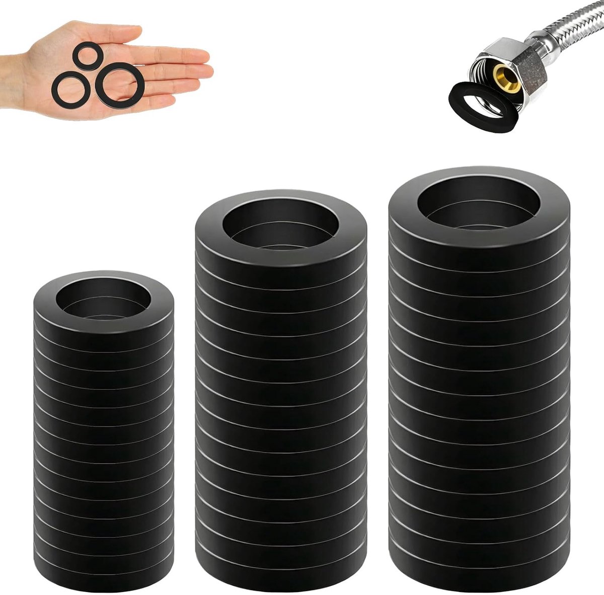42 Stuks Rubberen Afdichtingen Zwart, Platte Sanitair Sluitringen 1/2 Inch, 3/4 Inch en 1 Inch, Pakkingen voor Kraan, Doucheslang, Douchekop en Wastafel