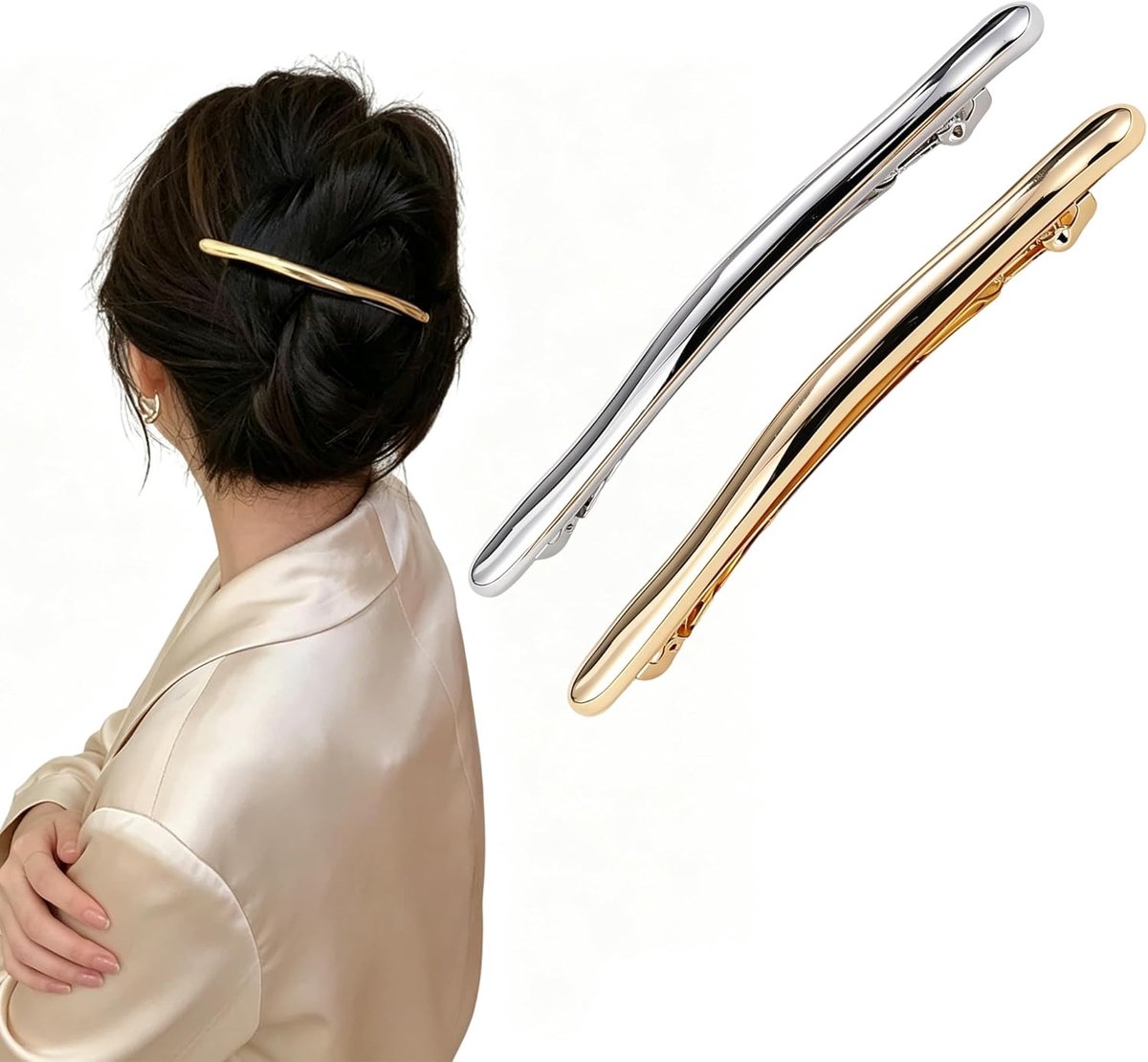 2 stuks kleine slanke striphaarspeld metalen snap haarspelden glad haar haarspelden Franse haarspelden dames haarspeld decoratieve haaraccessoires voor vrouwen (goud D + zilver D)