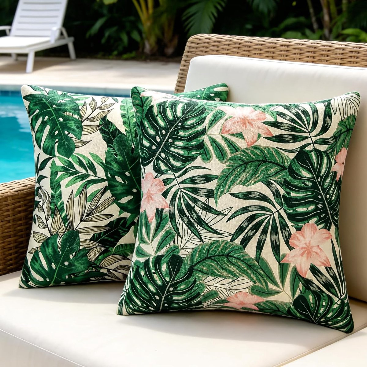 Kussenhoezen voor bank, 45 x 45 cm, waterdicht, voor buiten, decoratieve kussenhoezen, monstera-blad, bankkussen, kleurrijke bloemen, linnen, voor woonkamer, tuin, terras, 2 stuks