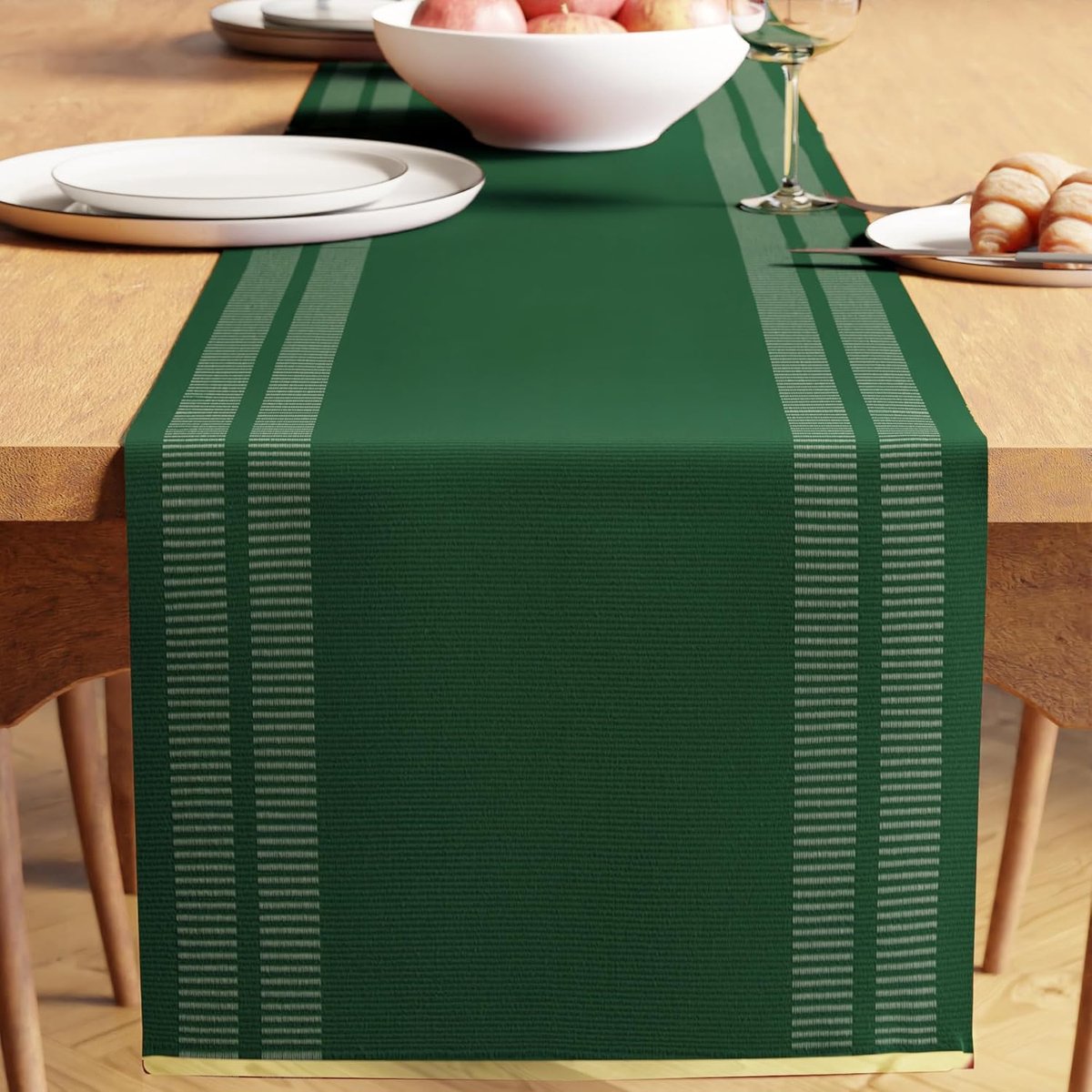 XO Eettafel Loper 32x137 cm | Garen Geverfd Fijn Geribbelde Katoen | Ladder Donkergroen | Voor Eettafel Herfstdecoratie, Vakantie & Kerstfeesten - Wasbaar in de Wasmachine