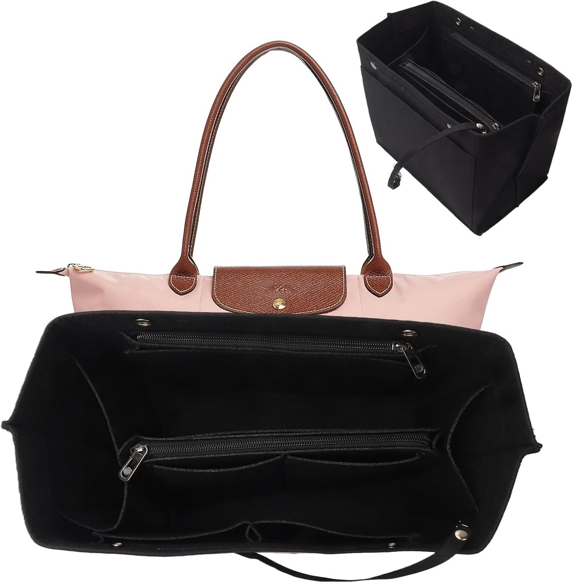 Tas-organizer voor Longchamp M, Organizer voor Longchamp tas, Handtasorganizer, Vilten tas-organizer met meerdere vakken, Opvouwbare Tote Bag (Zwart, L)