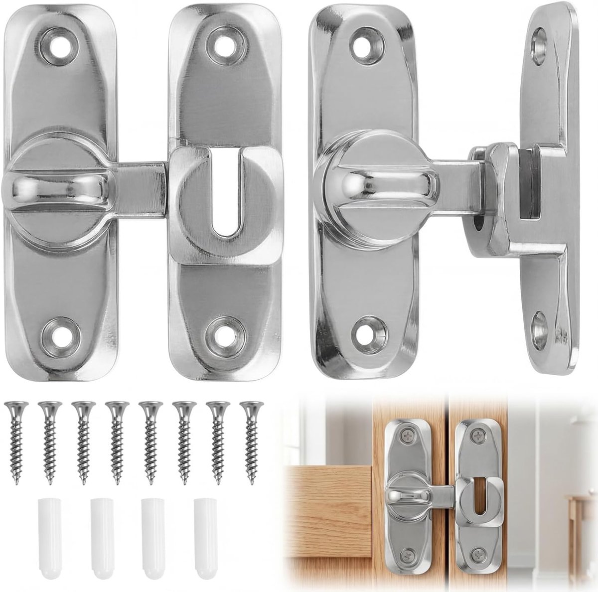 2 Stuks Schuifdeurslot van Geborsteld Zilver Staal - Heavy Duty Deurgrendel voor Schuurdeur, Kast, Tuinhek, Binnen en Buiten