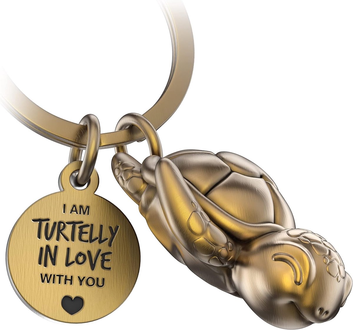 Turtelly in Love Sleutelhanger, snappy met hart en gravure, schattige schildpadsleutelhanger, liefde, geluksbrenger, schildpad als cadeau voor partners, antiek brons, Eén maat, Antieke bedel