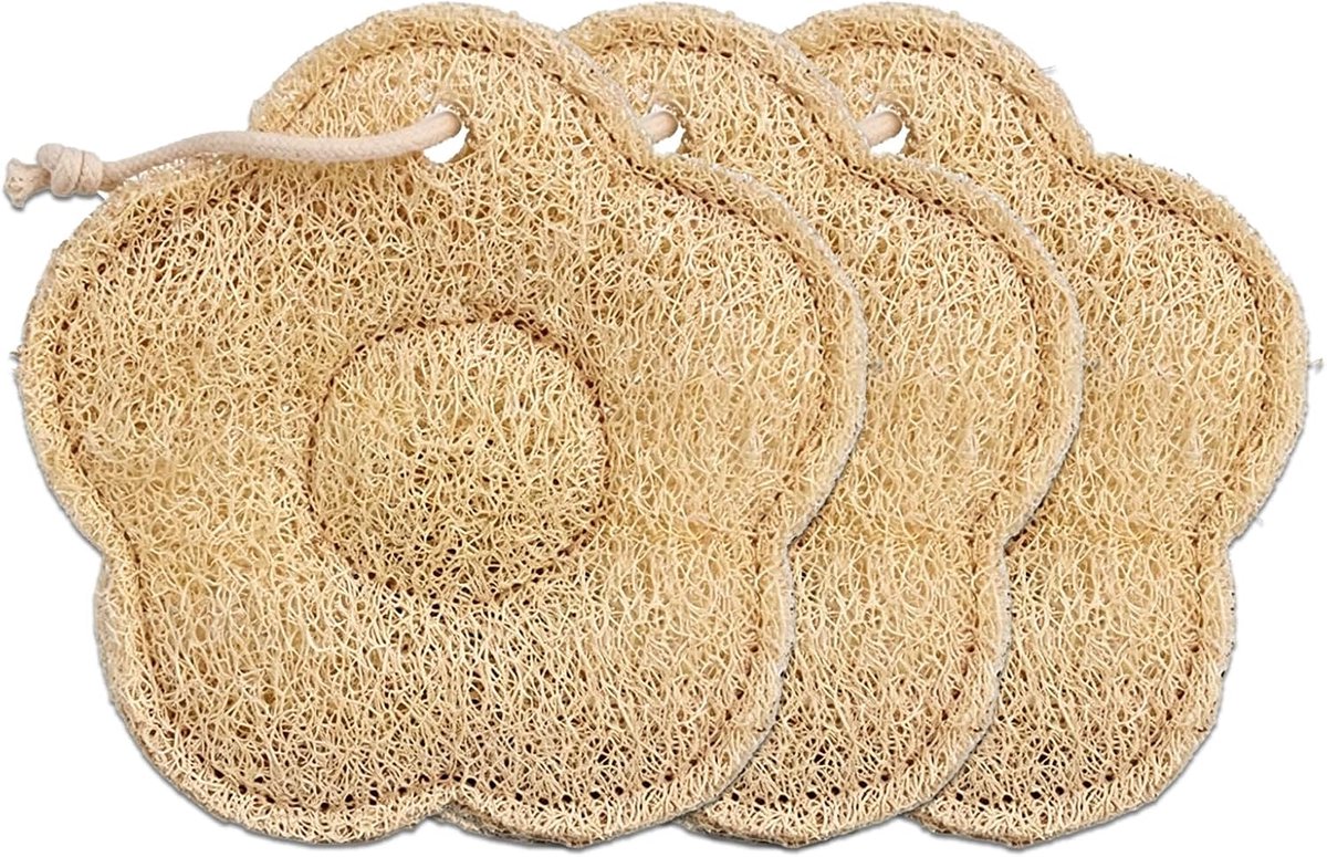 Set van 3 natuurlijke luffa-sponzen, peelingspons voor lichaam in bloemvorm, natuurlijke loofah voor zachte huidpeeling, douchespons voor een gladdere huid en lichaamsverzorging