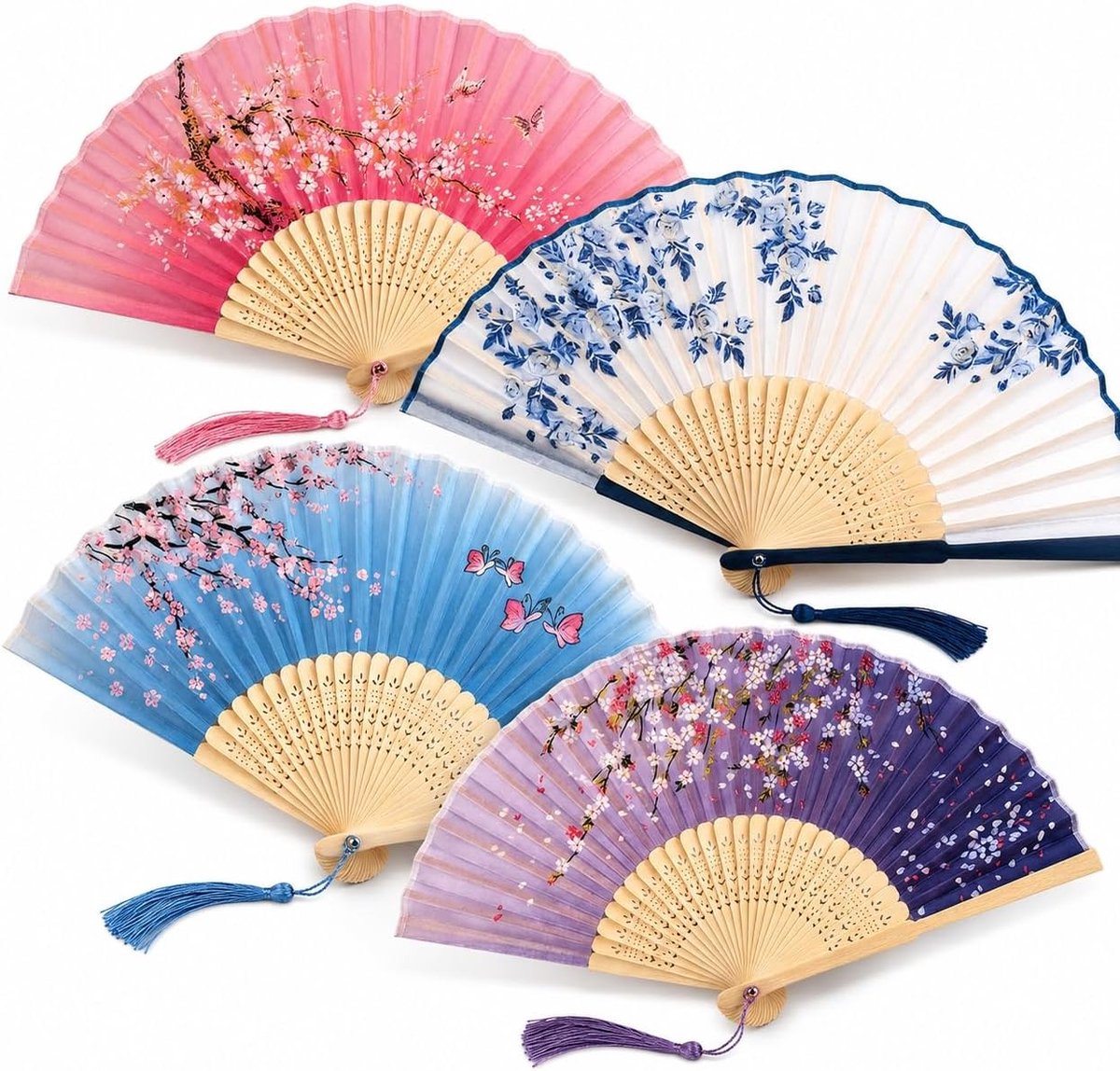 4 Stuks Vouwwaaiers in Chinese Stijl, Stof en Bamboe | Met Kwastjes, Opvouwbaar, voor Verjaardag, Dans, Cosplay, Bruiloft, Feest, Accessoires, Decorati