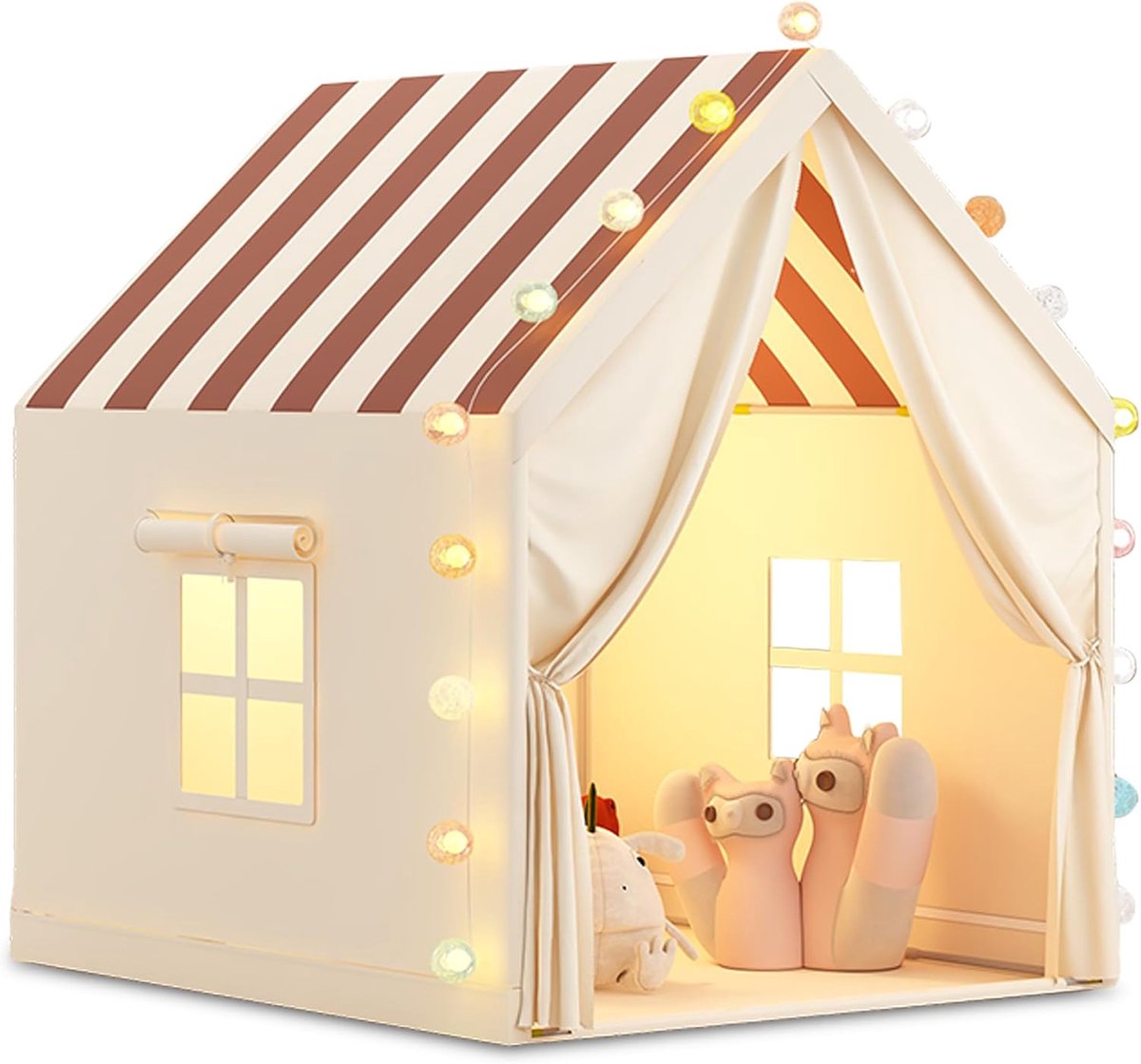 Speeltent voor kinderen, binnen, met decoratieve verlichting, beige gestreept | Comfortabel huisje voor kinderen en peuters, verjaardagscadeau en kinderdagcadeau voor meisjes en jongens